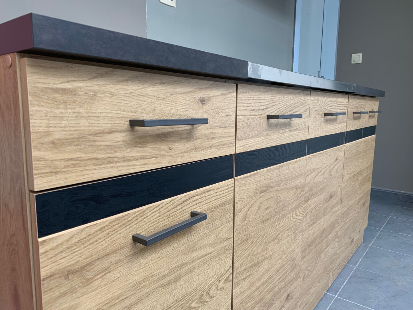 Junona Line A 180 cm Compact Straight Kitchen Furniture Set – Bernstein Oak (With Worktop and sink)