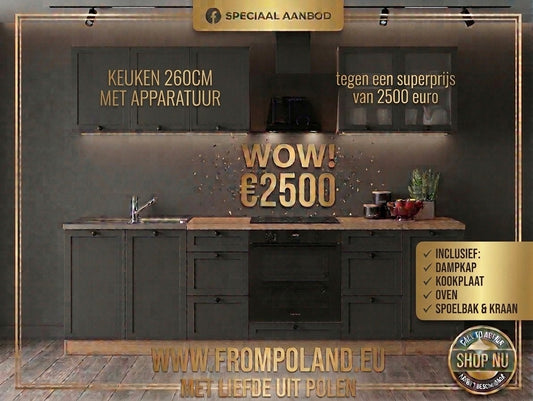Junona Line Kitchen Furniture Set 260 cm – Graphite /Bernstein Oak with worktop and sink (Kopia)
