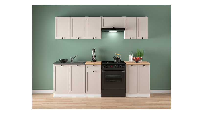Junona Line Kitchen Furniture Set 240 cm – White / Uni Cashmere with Craft Gold Oak Worktop and sink