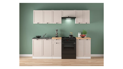 Junona Line Kitchen Furniture Set 240 cm – White / Uni Cashmere with Craft Gold Oak Worktop and sink