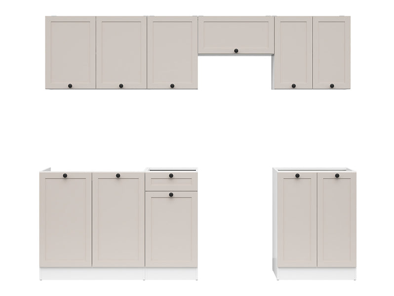 Junona Line Kitchen Furniture Set 240 cm – White / Uni Cashmere with Craft Gold Oak Worktop and sink