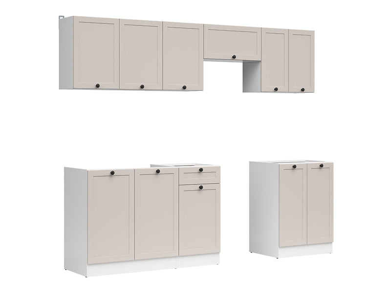 Junona Line Kitchen Furniture Set 240 cm – White / Uni Cashmere with Craft Gold Oak Worktop and sink