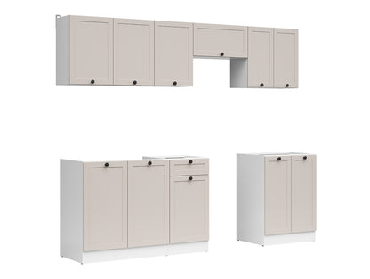 Junona Line Kitchen Furniture Set 240 cm – White / Uni Cashmere with Craft Gold Oak Worktop and sink