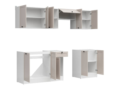 Junona Line Kitchen Furniture Set 240 cm – White / Uni Cashmere with Craft Gold Oak Worktop and sink