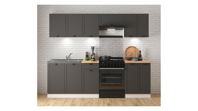 Junona Line Kitchen Furniture Set 240 cm – Graphite with Craft Gold Oak Worktop and sink