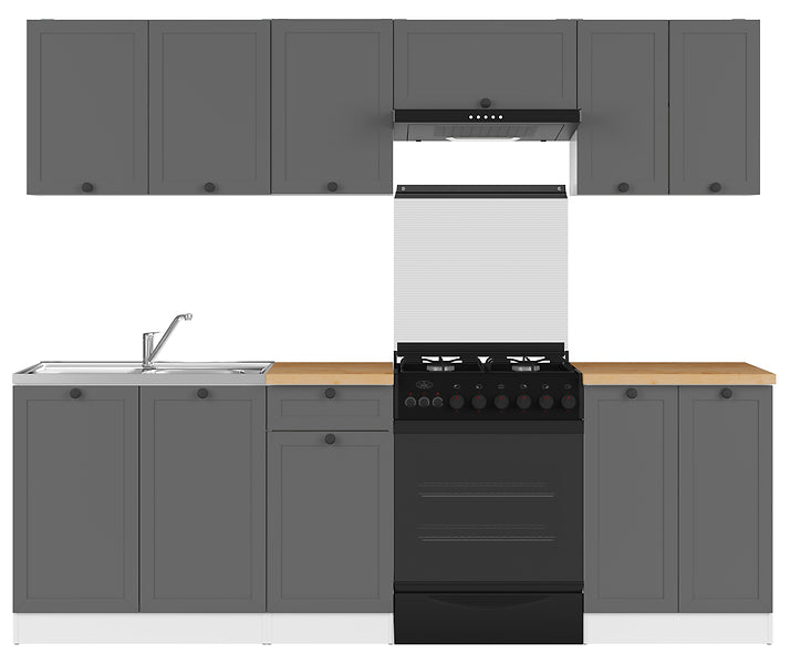 Junona Line Kitchen Furniture Set 240 cm – Graphite with Craft Gold Oak Worktop and sink