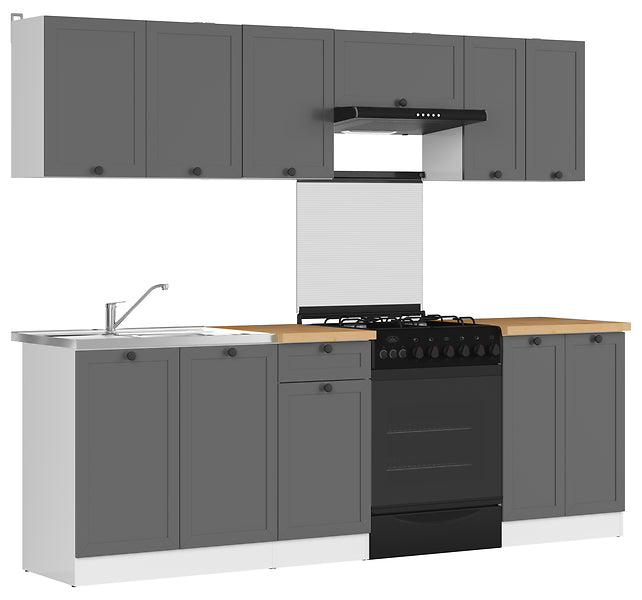Junona Line Kitchen Furniture Set 240 cm – Graphite with Craft Gold Oak Worktop and sink