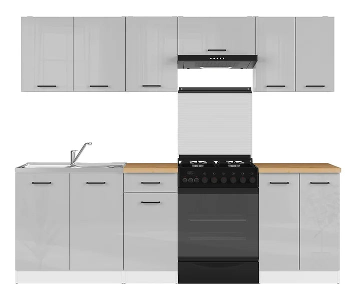 Junona Line Kitchen Furniture Set 240 cm – Light Grey Gloss with Craft Gold Oak Worktop and sink