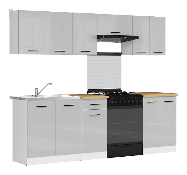 Junona Line Kitchen Furniture Set 240 cm – Light Grey Gloss with Craft Gold Oak Worktop and sink