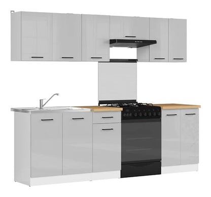 Junona Line Kitchen Furniture Set 240 cm – Light Grey Gloss with Craft Gold Oak Worktop and sink
