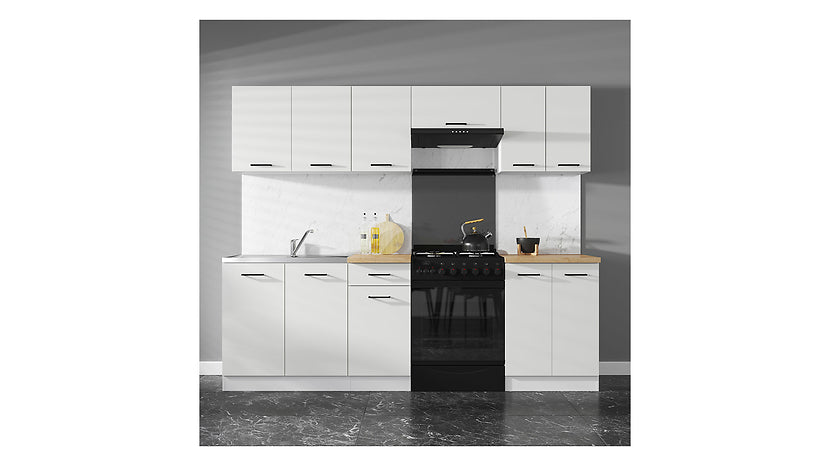 Junona Line Kitchen Furniture Set 240 cm – Chalk Gloss with Craft Gold Oak worktop and sink