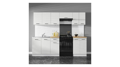 Junona Line Kitchen Furniture Set 240 cm – Chalk Gloss with Craft Gold Oak worktop and sink