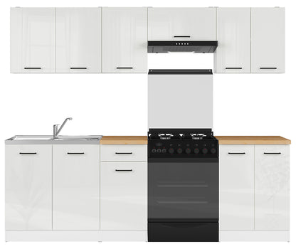 Junona Line Kitchen Furniture Set 240 cm – Chalk Gloss with Craft Gold Oak worktop and sink
