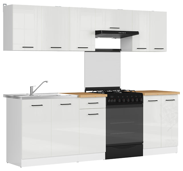 Junona Line Kitchen Furniture Set 240 cm – Chalk Gloss with Craft Gold Oak worktop and sink