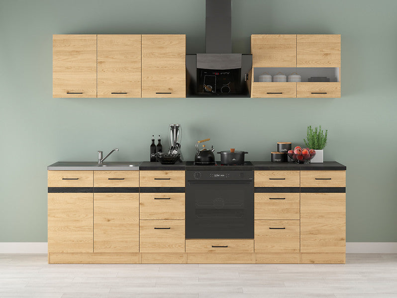 Junona Line Kitchen Furniture Set 260 cm – Bernstein Oak with Metallic Slate Worktop and sink