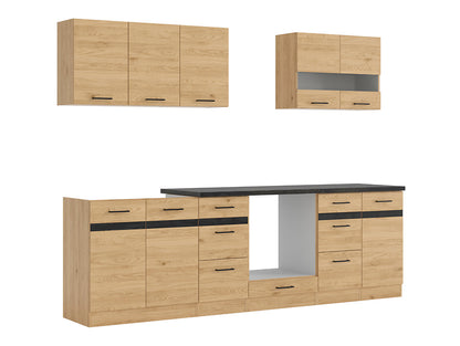 Junona Line Kitchen Furniture Set 260 cm – Bernstein Oak with Metallic Slate Worktop and sink