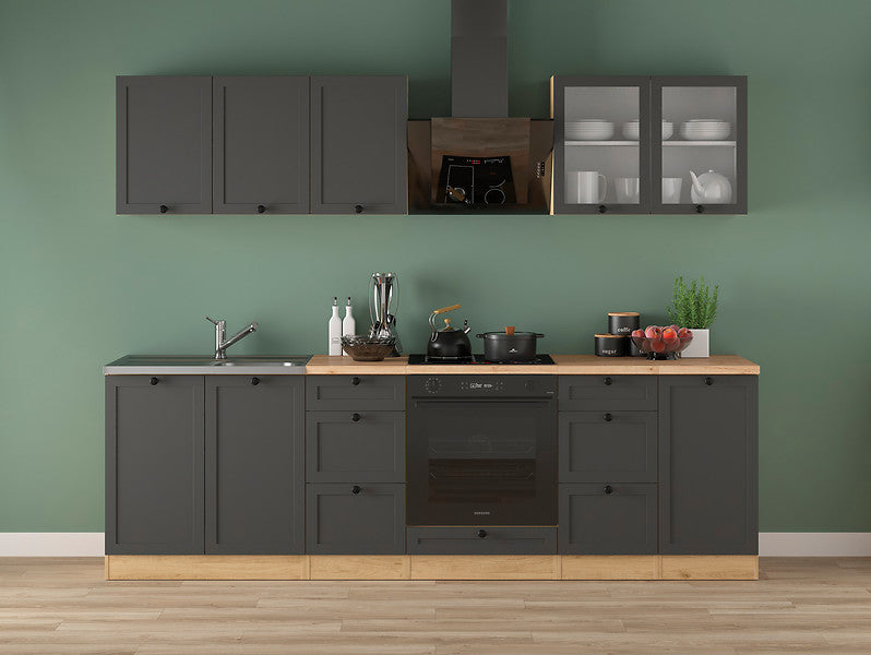 Junona Line Kitchen Furniture Set 260 cm – Graphite /Bernstein Oak with electrical appliances worktop and sink (Kopia)
