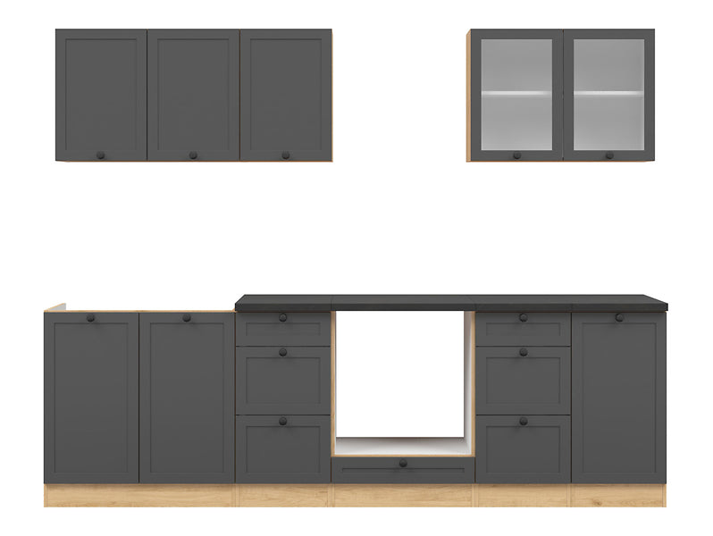 Junona Line Kitchen Furniture Set 260 cm – Graphite /Bernstein Oak with electrical appliances worktop and sink (Kopia)