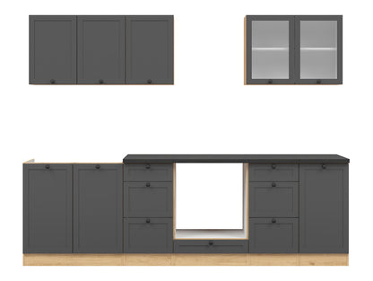 Junona Line Kitchen Furniture Set 260 cm – Graphite /Bernstein Oak with electrical appliances worktop and sink (Kopia)