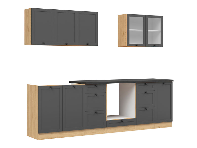 Junona Line Kitchen Furniture Set 260 cm – Graphite /Bernstein Oak with electrical appliances worktop and sink (Kopia)