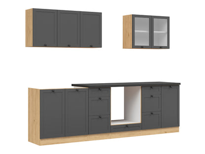 Junona Line Kitchen Furniture Set 260 cm – Graphite /Bernstein Oak with electrical appliances worktop and sink (Kopia)
