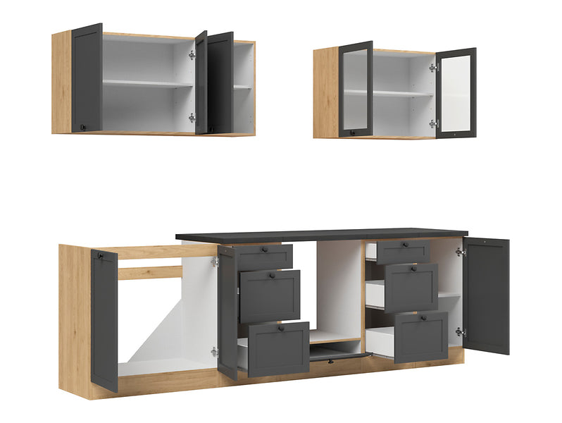 Junona Line Kitchen Furniture Set 260 cm – Graphite /Bernstein Oak with electrical appliances worktop and sink (Kopia)