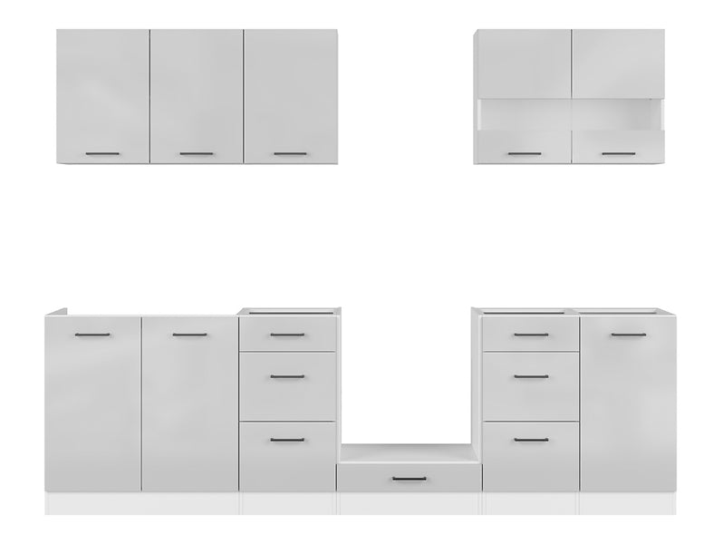 Junona Line Kitchen Furniture Set 260 cm – Light Grey Gloss / Craft Gold Oak with worktop and sink