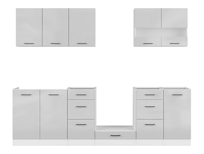 Junona Line Kitchen Furniture Set 260 cm – Light Grey Gloss / Craft Gold Oak with worktop and sink