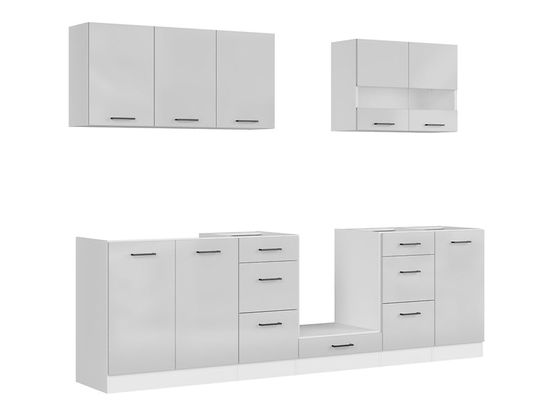 Junona Line Kitchen Furniture Set 260 cm – Light Grey Gloss / Craft Gold Oak with worktop and sink