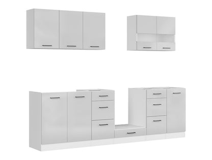 Junona Line Kitchen Furniture Set 260 cm – Light Grey Gloss / Craft Gold Oak with worktop and sink