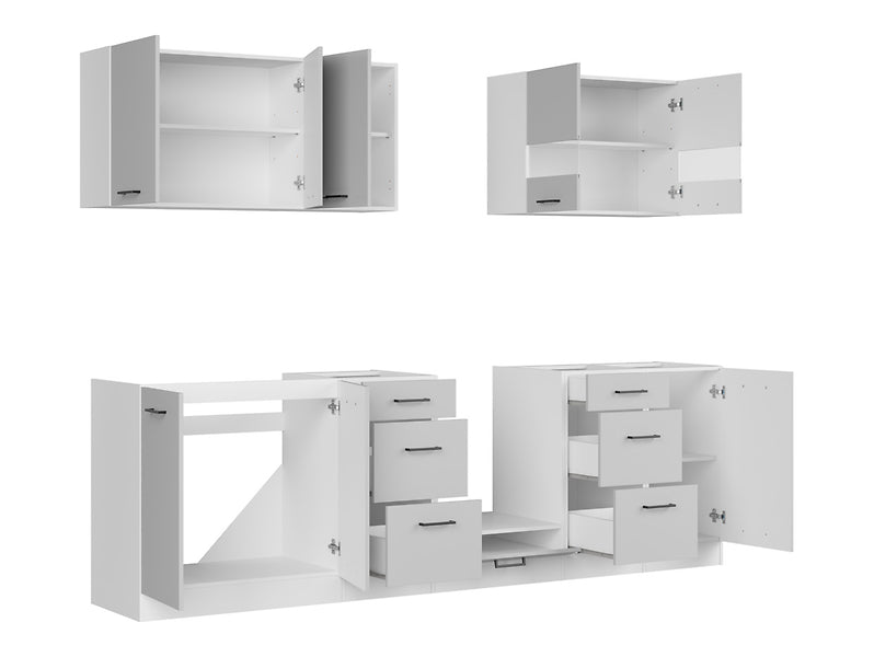 Junona Line Kitchen Furniture Set 260 cm – Light Grey Gloss / Craft Gold Oak with worktop and sink