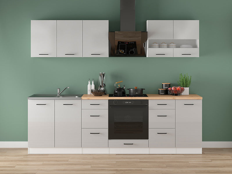 Junona Line Kitchen Furniture Set 260 cm – Light Grey Gloss / Craft Gold Oak with worktop and sink