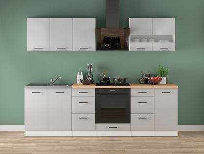 Junona Line Kitchen Furniture Set 260 cm – Light Grey Gloss / Craft Gold Oak with worktop and sink