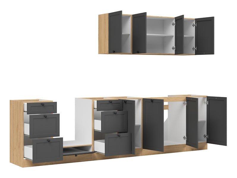 Junona Line Kitchen Furniture Set 300 cm – Graphite & Bernstein Oak ( Without Worktop)