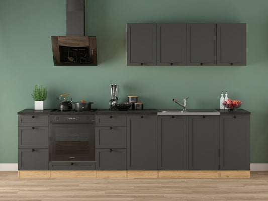 Junona Line Kitchen Furniture Set 300 cm – Graphite & Bernstein Oak (With Worktop & Sink)