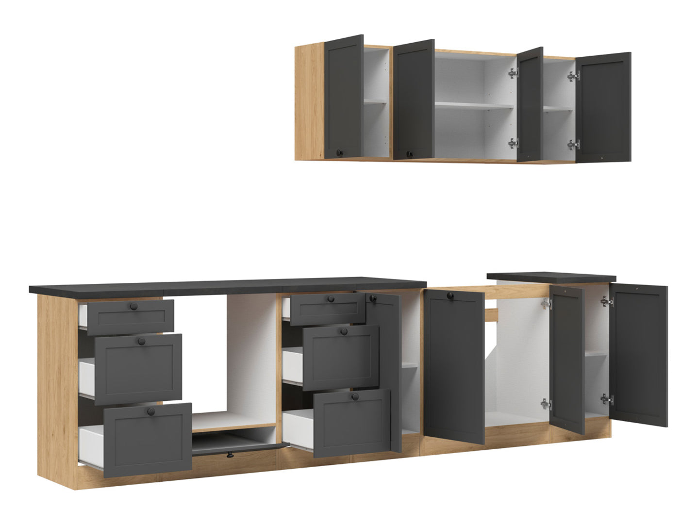 Junona Line Kitchen Furniture Set 300 cm – Graphite & Bernstein Oak (With Worktop & Sink)