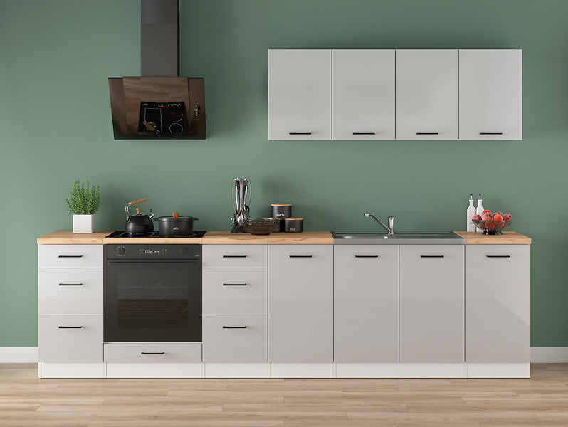 Junona Line Kitchen Furniture Set 300 cm – Light Grey Gloss and Craft Gold Oak (With Worktop and Sink)