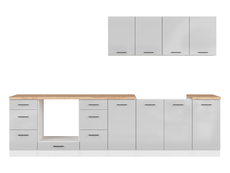 Junona Line Kitchen Furniture Set 300 cm – Light Grey Gloss and Craft Gold Oak (With Worktop and Sink)