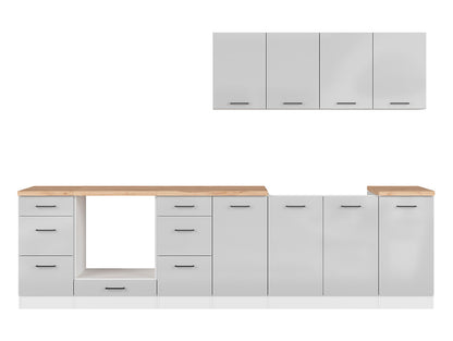 Junona Line Kitchen Furniture Set 300 cm – Light Grey Gloss and Craft Gold Oak (With Worktop and Sink)