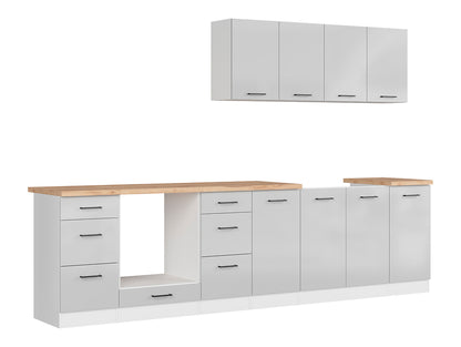 Junona Line Kitchen Furniture Set 300 cm – Light Grey Gloss and Craft Gold Oak (With Worktop and Sink)