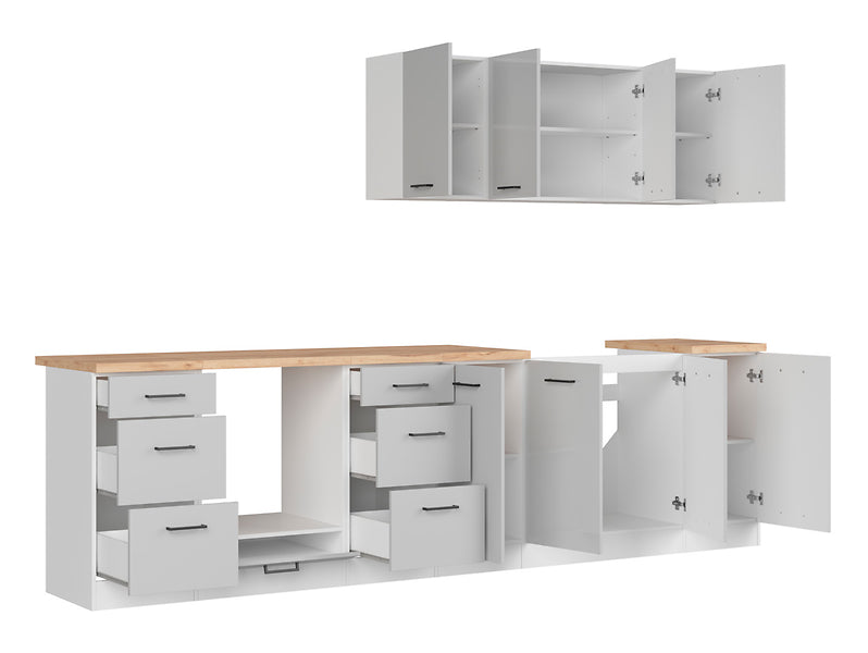 Junona Line Kitchen Furniture Set 300 cm – Light Grey Gloss and Craft Gold Oak (With Worktop and Sink)