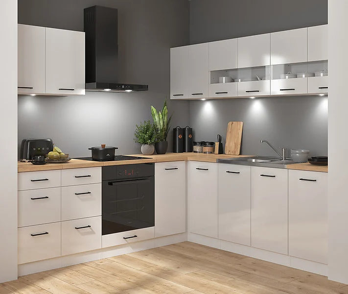 Junona Line Universal Corner Kitchen Furniture Set Left 220x240 cm or Right 240 x220 cm – Chalk Gloss (With Worktop, plinth and sink)