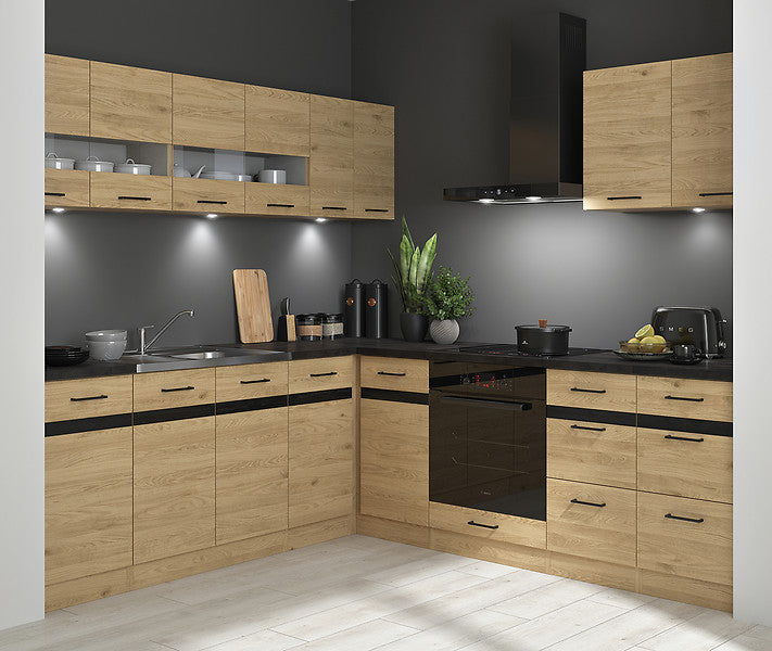 Junona Line Left-Hand Corner Kitchen Furniture Set 220x240 cm – Bernstein Oak with worktop and sink