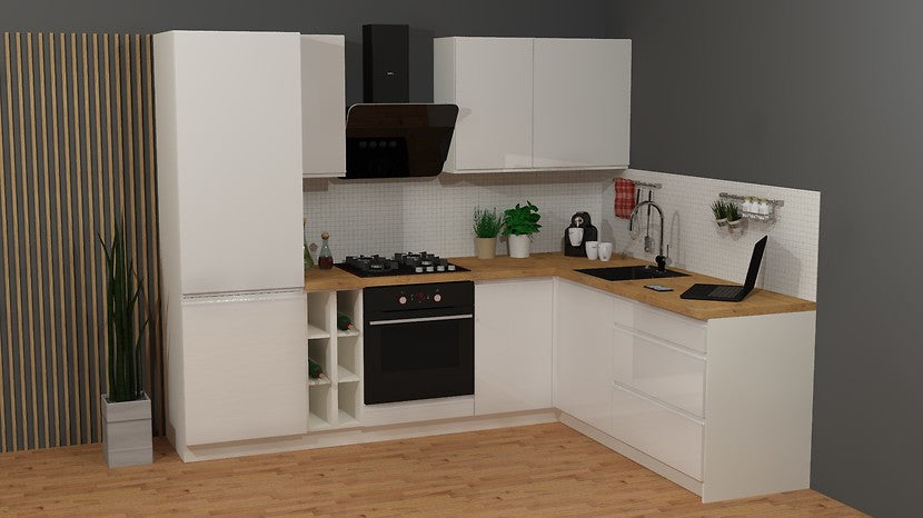 Family Line Sole Corner Kitchen Furniture Set 255x200 cm – White Gloss (Without Worktop & Plinth)