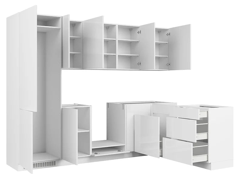 Family Line Top Line Left-Hand Corner Kitchen Furniture Set 270x180 cm – White High Gloss (Without Worktop & Handles)