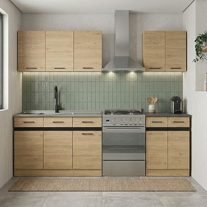 Junona Line A 180 cm Compact Straight Kitchen Furniture Set – Bernstein Oak (With Worktop and sink)